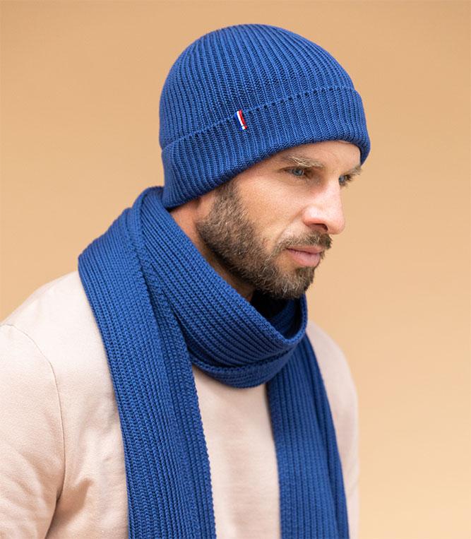 Bonnet homme en laine mérinos couleur bleu