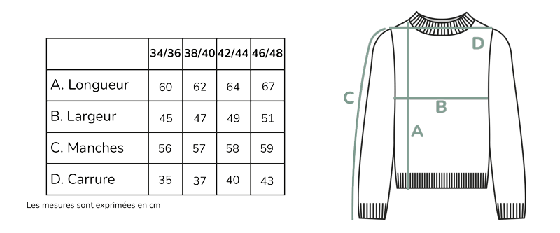 Tableau des tailles du pull femme en laine et yack