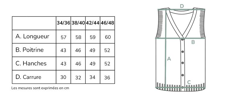 Guide des tailles du gilet sans manches laine et soie