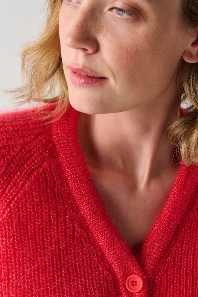 Cardigan femme mohair et soie rouge vermillon