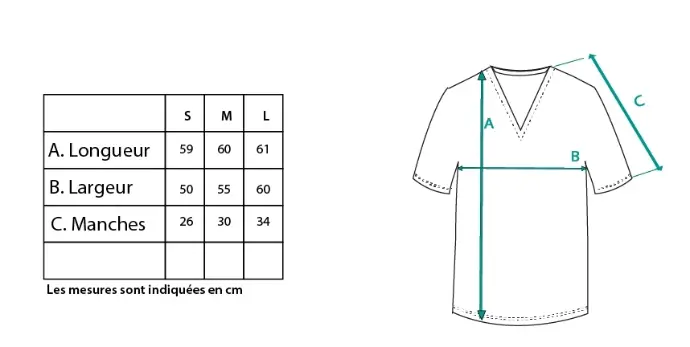 Guide des tailles du t-hirt col V manches courtes pour femme