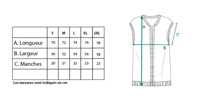 Guide des tailles du gilet long sans manches femme en yack et laine