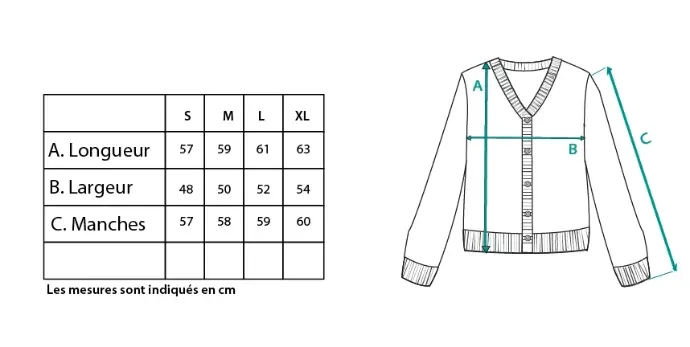 Guide des tailles du cardigan femme en alpaga et laine