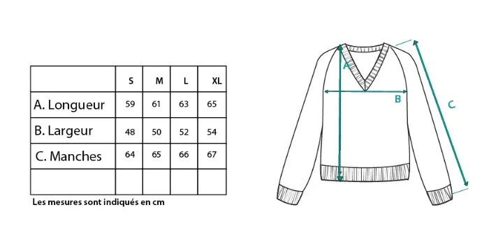Guide des tailles du pull femme col V en mohair et soie