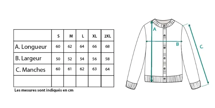 Guide des tailles du gilet femme col rond en mohair