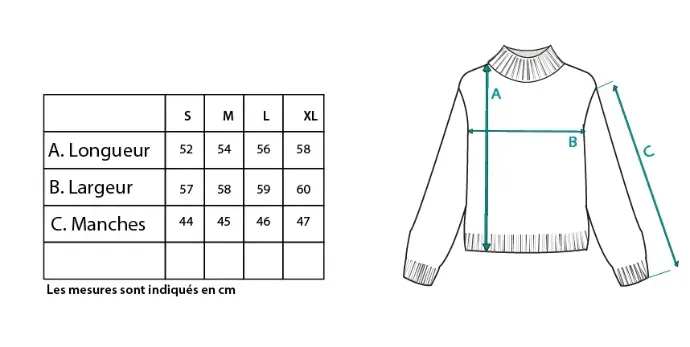 Guide des tailles du pull femme col montant en mohair et soie