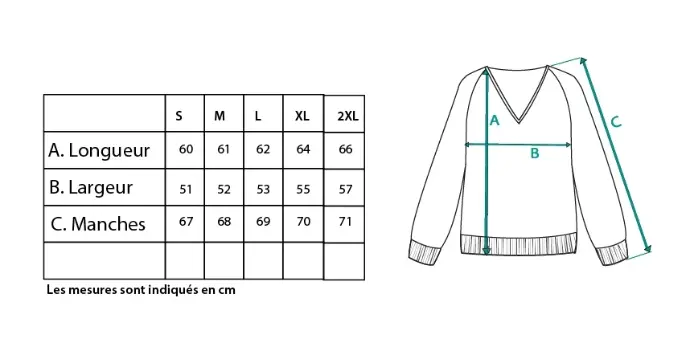 Guide des tailles du pull femme col V en mérinos et alpaga