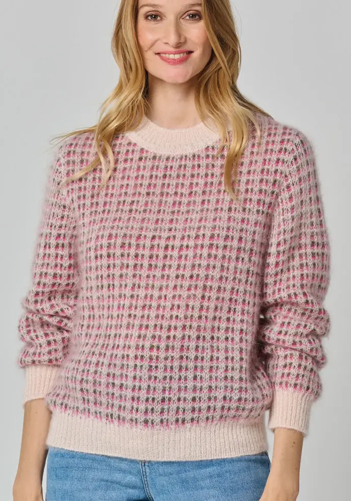 Pull femme col rond en mohair bicolore rose et kaki