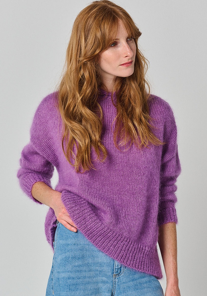 Pull à capuche en mohair et soie couleur violet