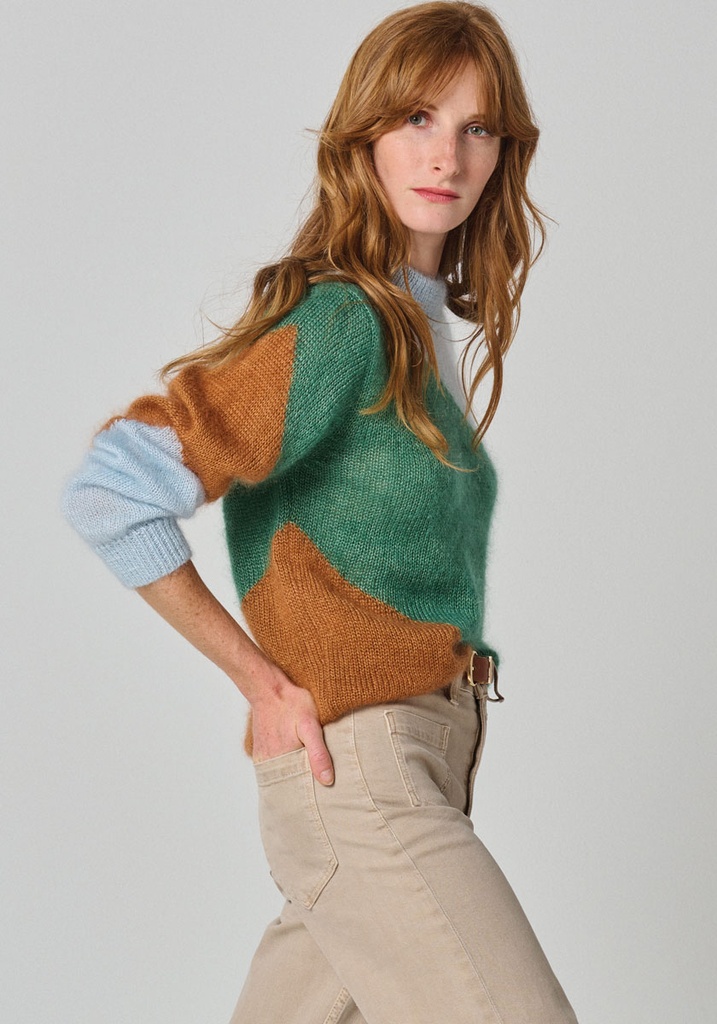 Pull femme tricolore grandes rayures en mohair et soie