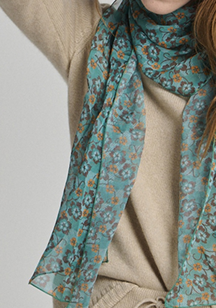 Foulard femme impression fleuri 100% soie vert made in France