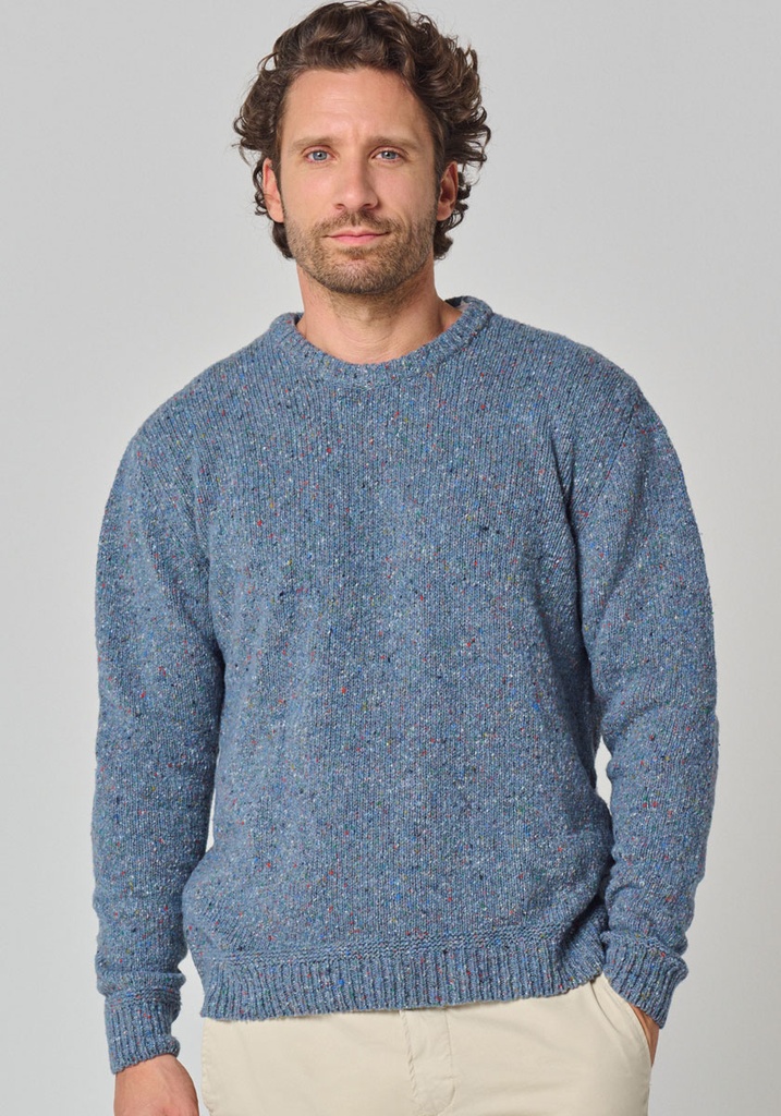 Pull homme col rond en laine couleur bleu chiné