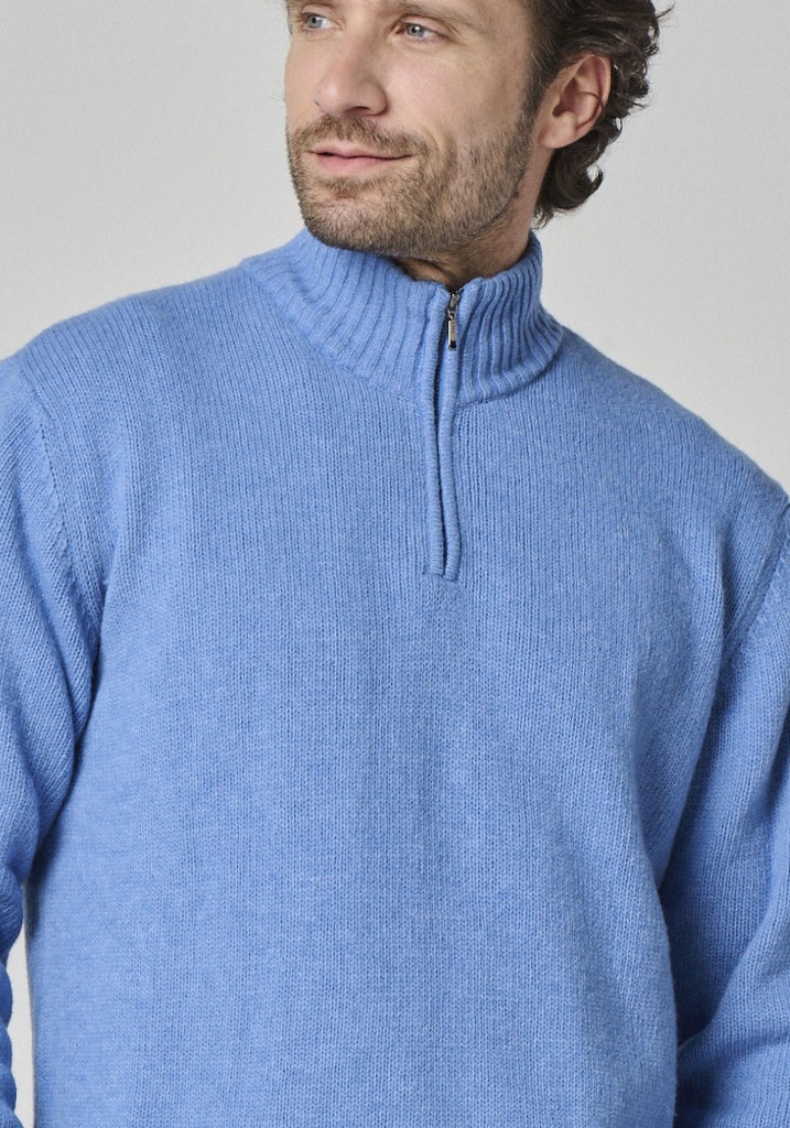 Pull col zippé pour homme en laine couleur bleu clair
