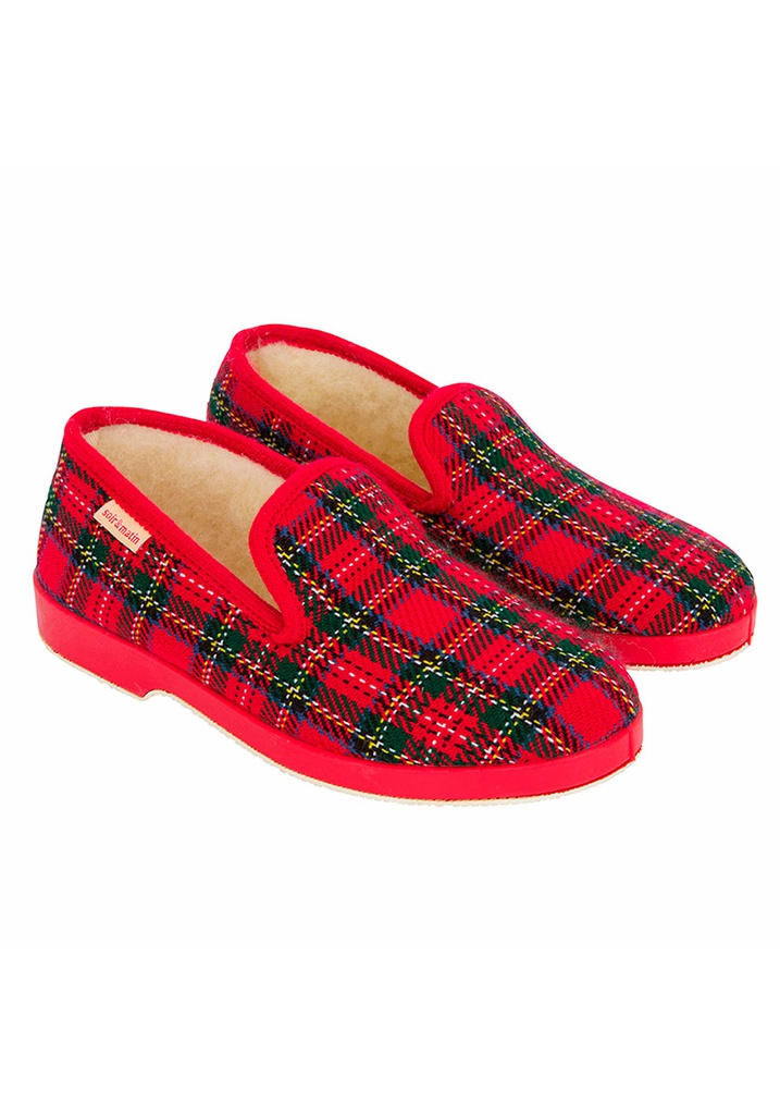 Pantoufles femme fourrées en laine écossais rouge