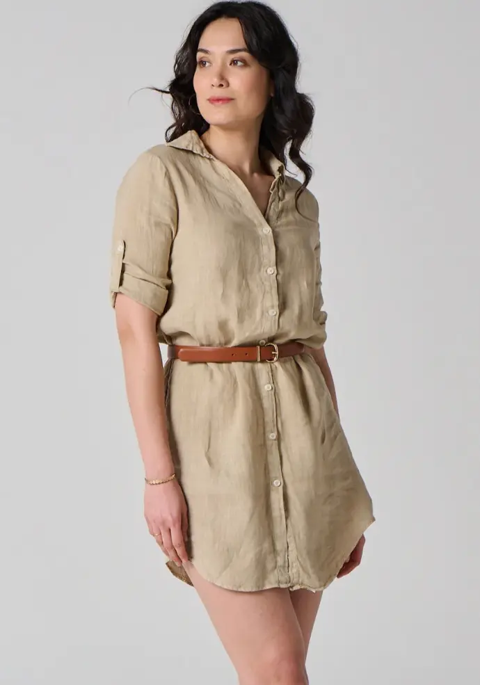 Robe femme en lin manches 3/4 couleur beige