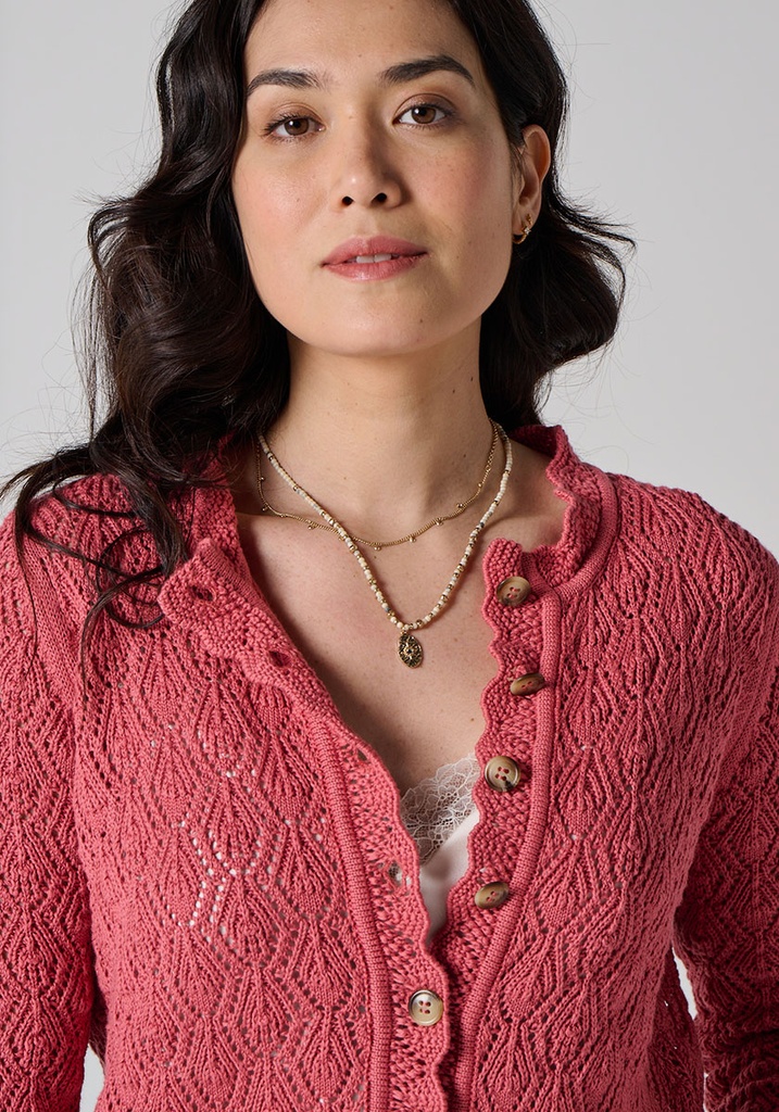 Gilet femme en coton biologique couleur rose boutons aspect corne
