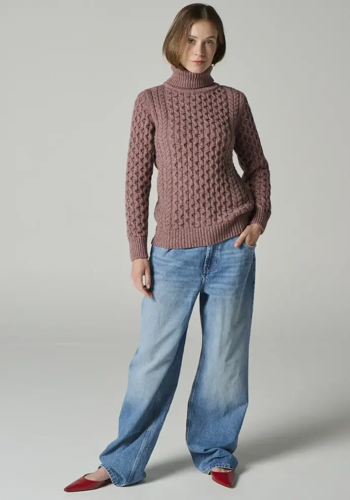 Pull col roulé couleur rose chiné pour femme