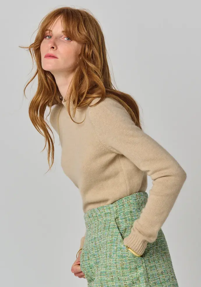 Pull femme col montant en cachemire couleur beige
