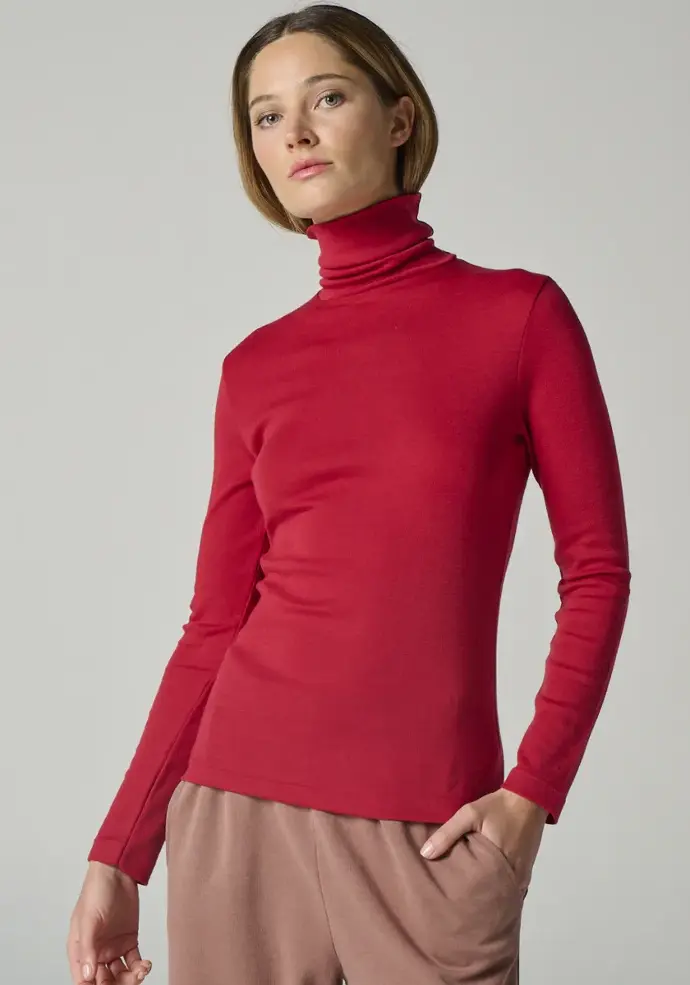 Sous pull femme col roulé mérinos et soie couleur rouge