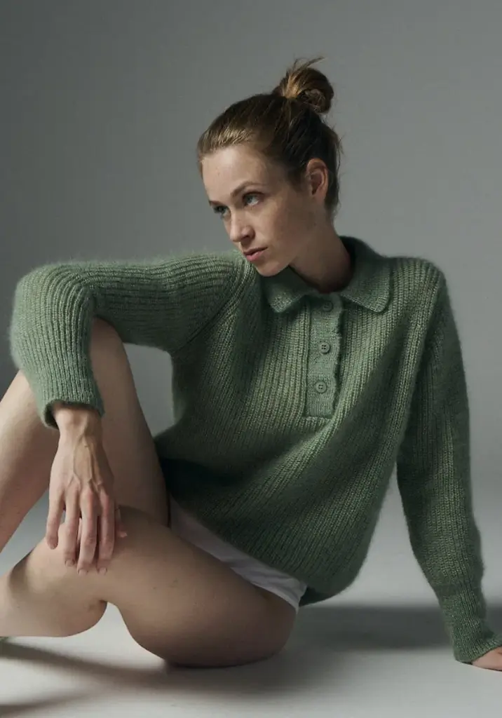 Pull pour femme col polo en mohair et soie côtes perlées