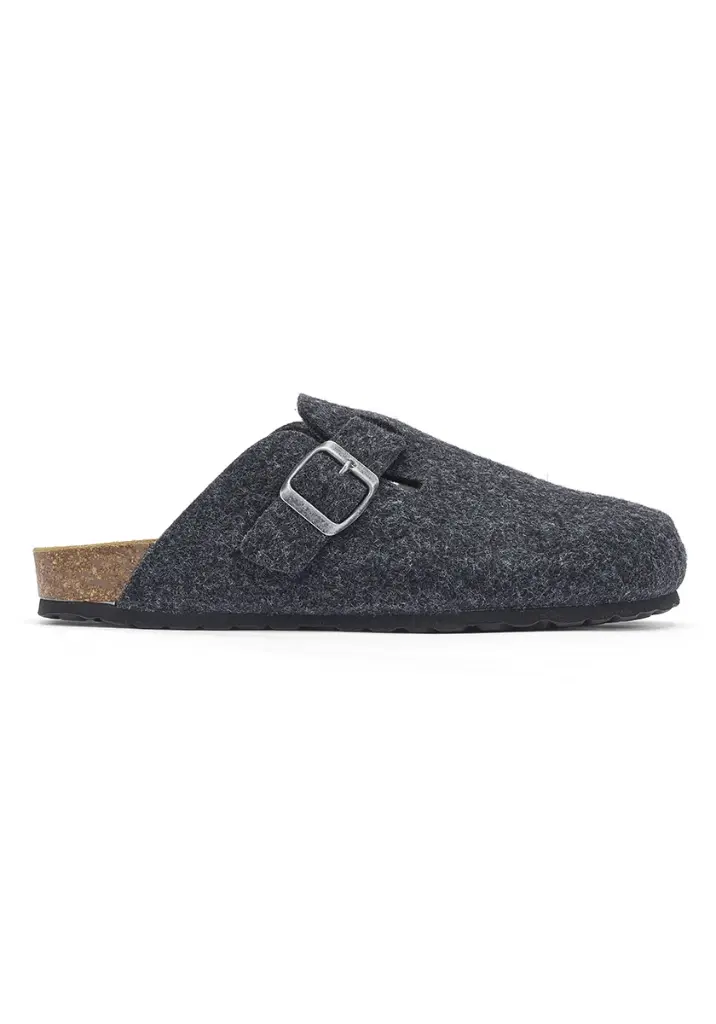Mules homme feutre de laine et cuir couleur gris anthracite