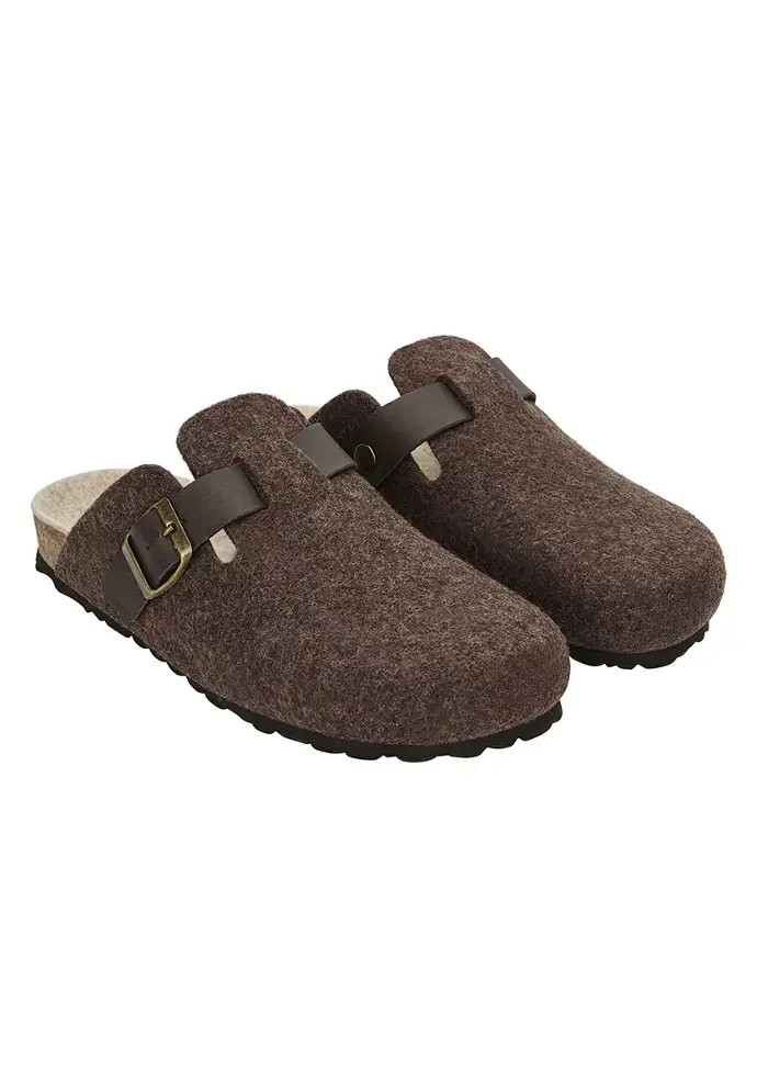 Mules homme feutre de laine et cuir couleur marron