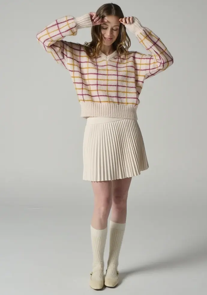 Pull femme col V à carreaux en mohair et soie manches longues