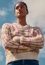 Pull chaud femme col V à carreaux en laine et soie