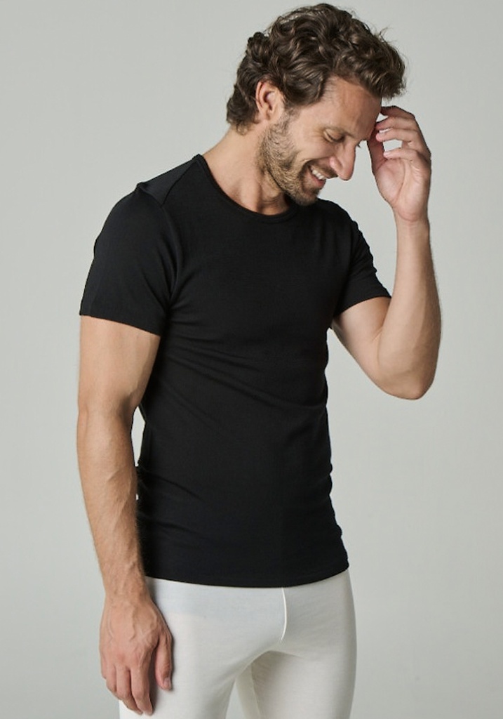 T-shirt chaud homme manches courtes coton laine soie noir