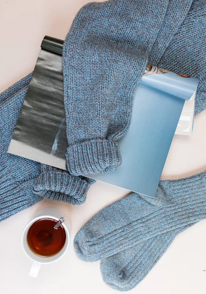 Chaussettes chaudes pour femme en yack et laine chinée bleu et naturel