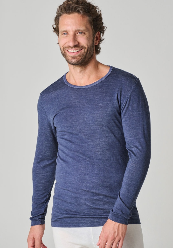 Tshirt homme manches longues col rond coton laine soie bleu