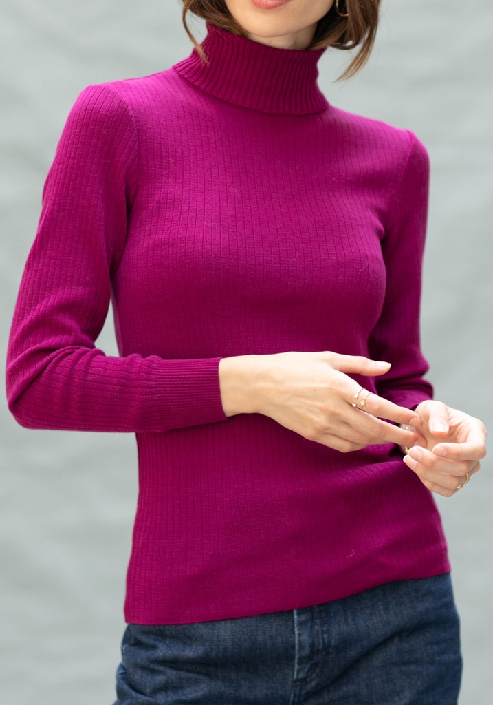 Pull col roulé femme en côtes laine mérinos couleur cassis