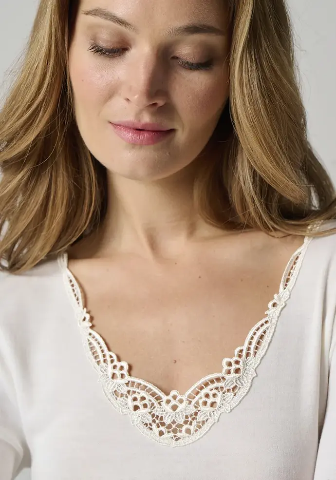Chemise femme manches longues laine et soie finition dentelle écru