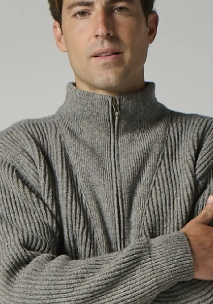 Gilet zippé pour homme en laine et soie col montant