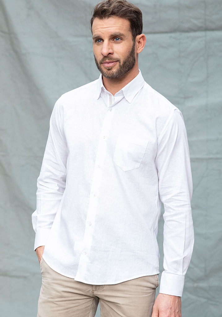 Chemise homme lin et coton manches longues blanche coupe confort forme liquette