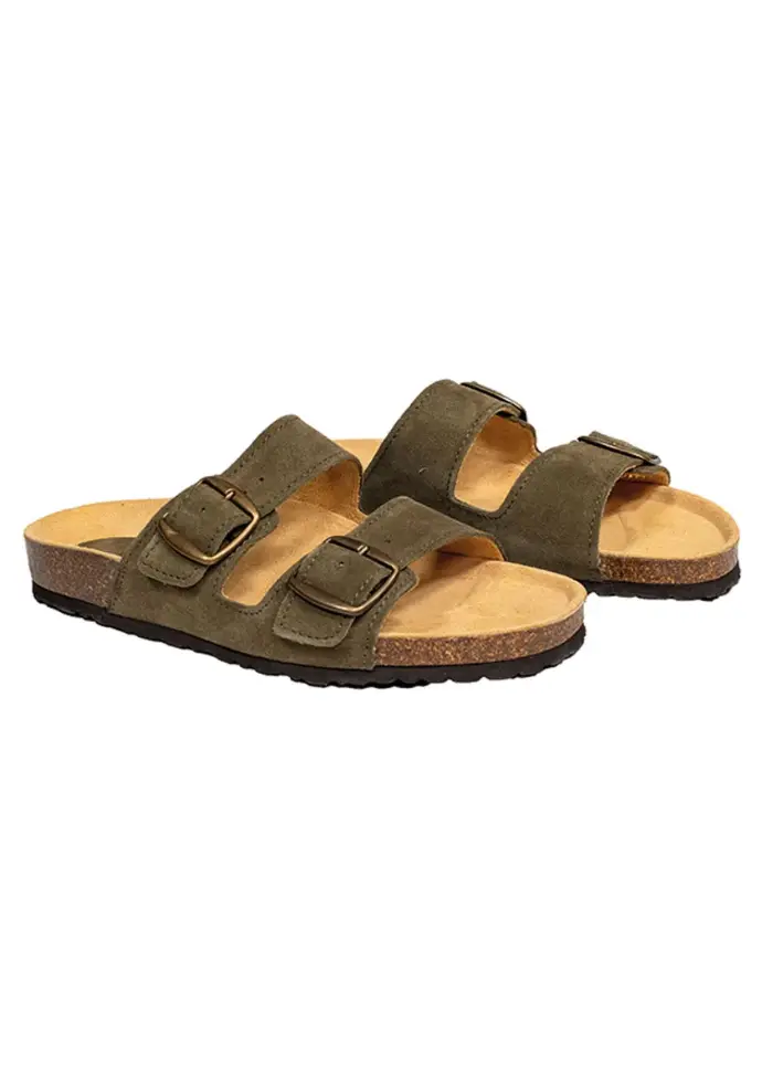 Sandales femme en cuir double brides couleur kaki
