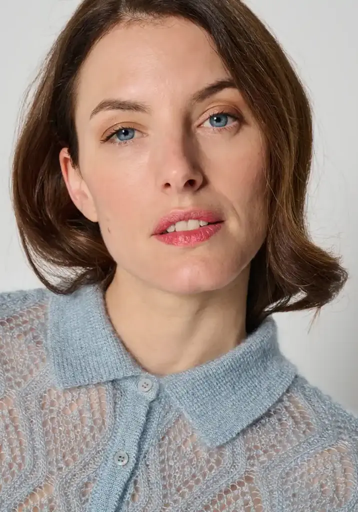 Pull femme maille ajourée en mohair et soie col polo