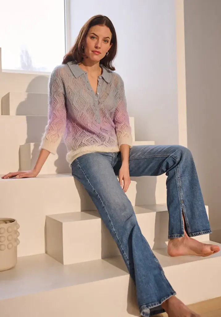 Pull femme maille ajourée en mohair et soie manches 3/4