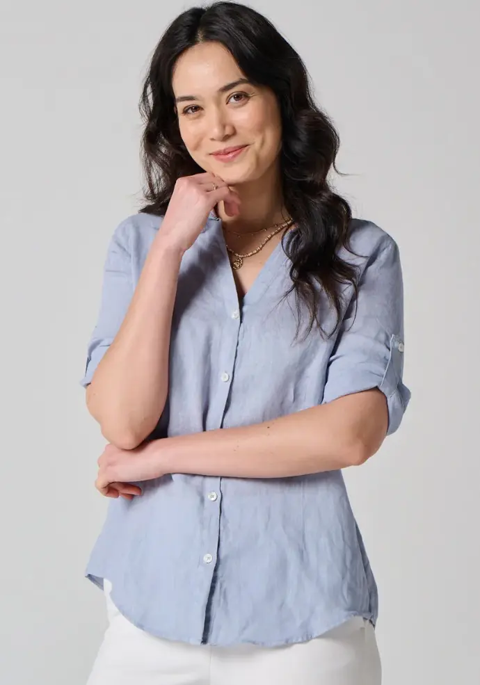Chemise femme en lin manches 3/4 couleur bleu