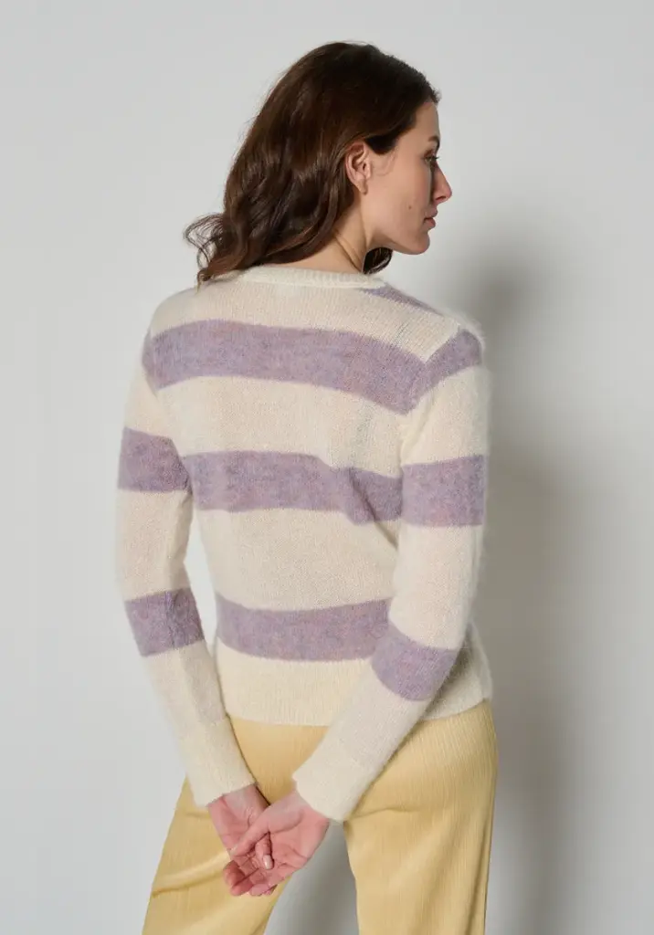 Cardigan en laine mohair femme rayé écru et parme