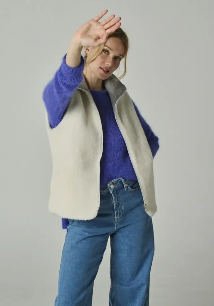 Gilet femme laine naturelle réversible blanc et gris