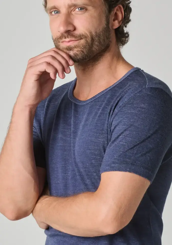 T-shirt chaud homme manches courtes col rond laine soie coton couleur bleu
