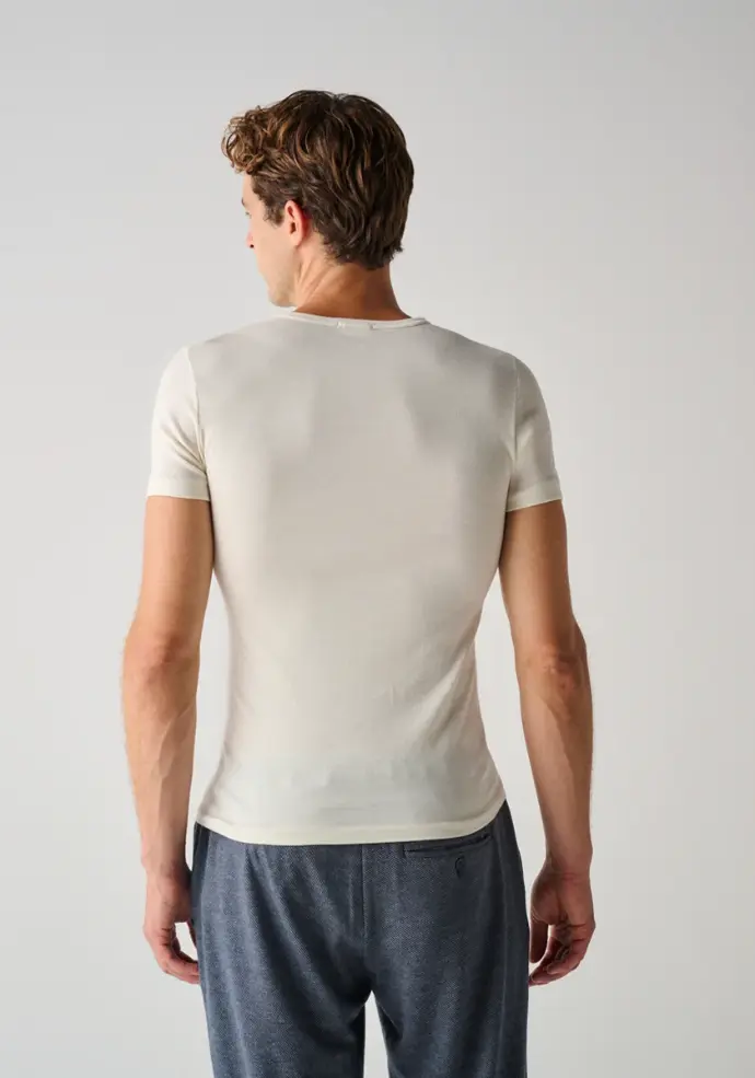 T-shirt chaud homme manches courtes col rond laine soie coton couleur écru