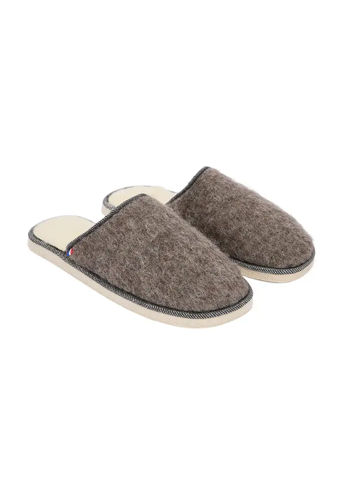 Mules homme en mohair et alpaga semelle feutre couleur gris brun