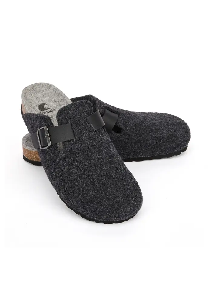 Mules homme feutre de laine avec patte de serrage en cuir