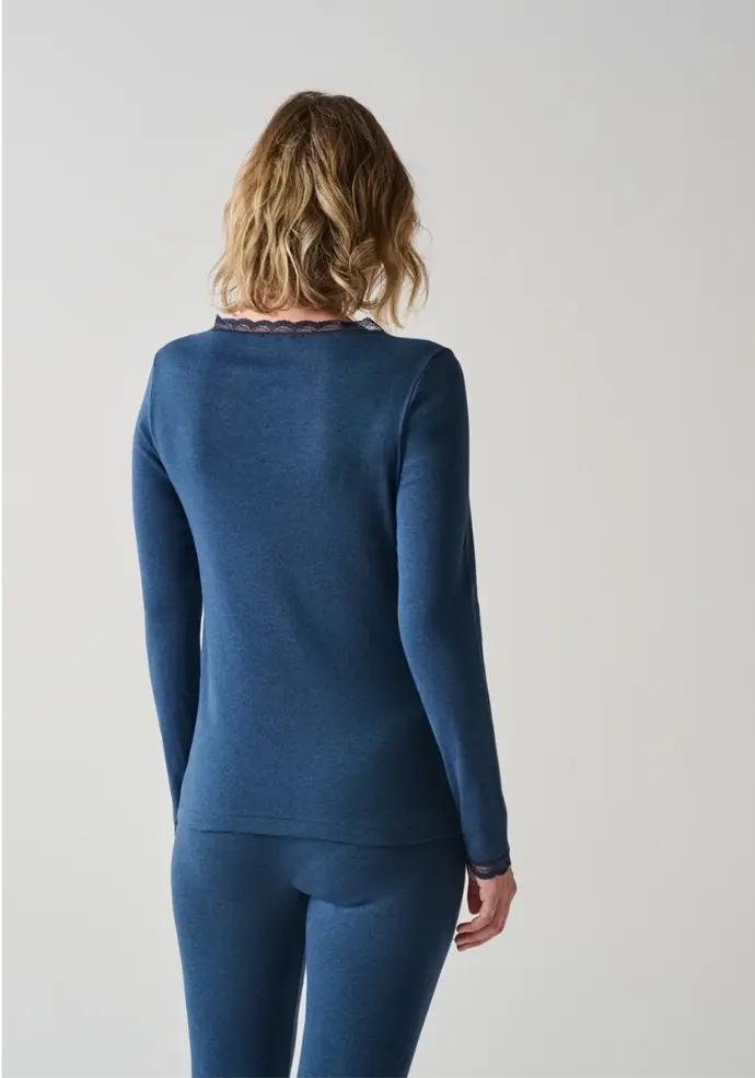 T-shirt femme manches longues en coton gratté couleur bleu