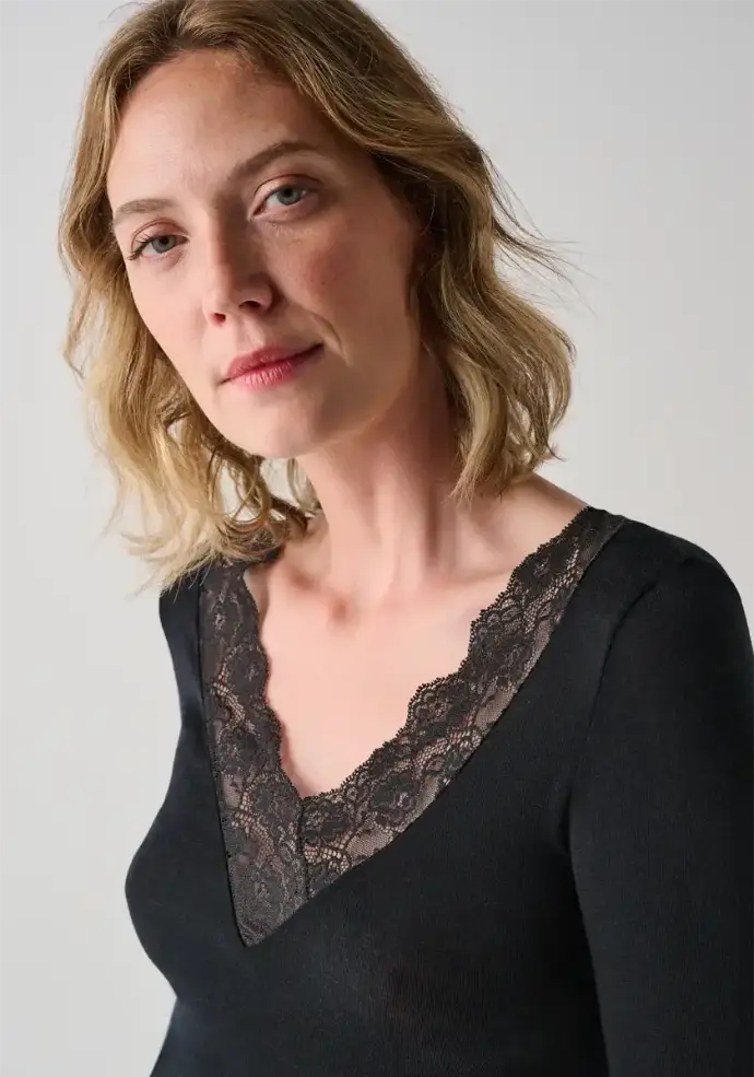 T-shirt femme manches longues laine et soie encolure en V