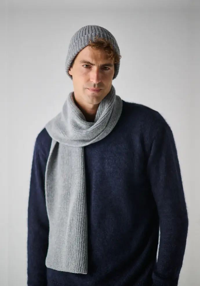 Parure bonnet écharpe laine et alpaga pour homme couleur gris