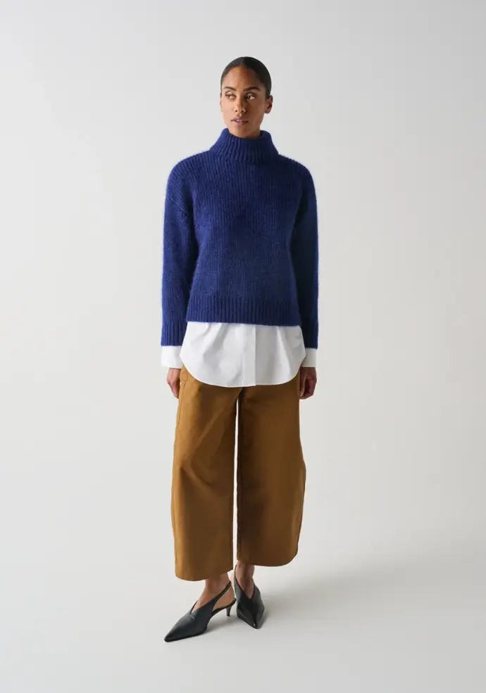 Pull femme col montant en mohair et soie manches longues