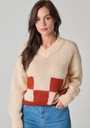 Pull femme col V en mohair et soie motif damier
